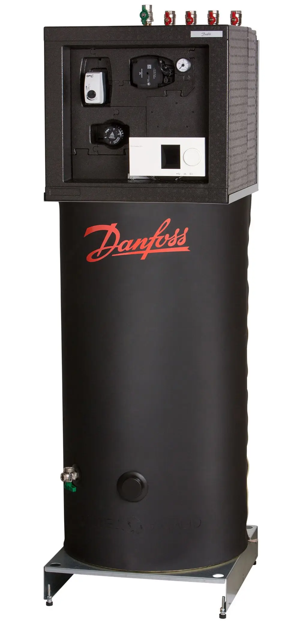 Hausstation mit Steuerungselementen, Druckmanometer und mehreren Ventilen an der Oberseite, in schwarzem Gehäuse mit rotem Danfoss-Logo.